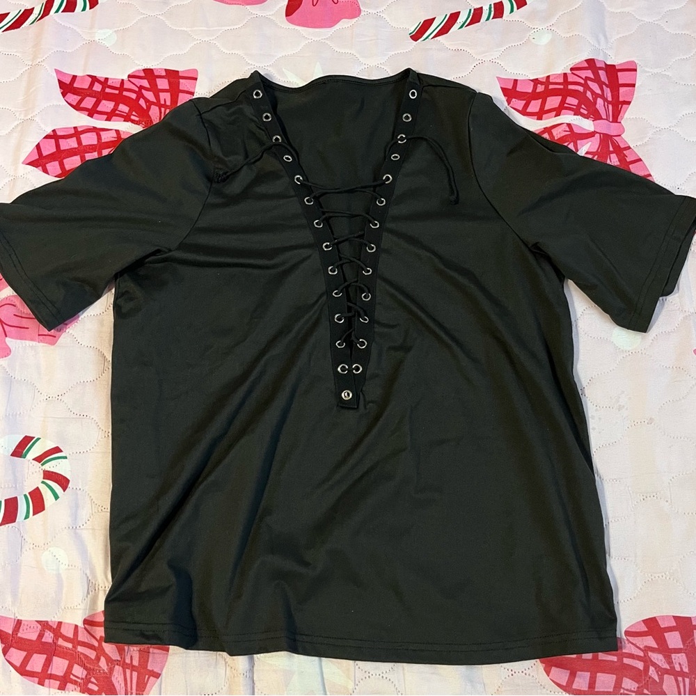 Black Lace-Up Short Sleeve Top